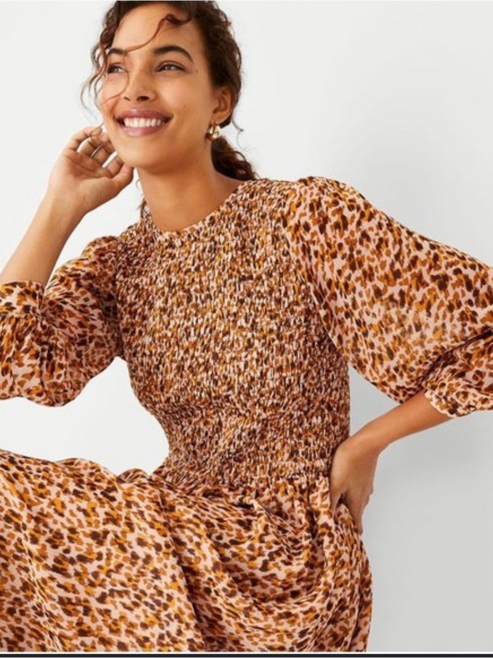 Ann Taylor Animal Print Smocked Fit & Flare Midi Dress Size 12P Petite